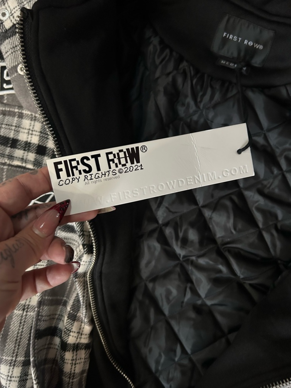 FIRST ROW-Gray Plaid Hooded Jacket with Graphic Patches NWT 🔥 - Picture 5 of 7